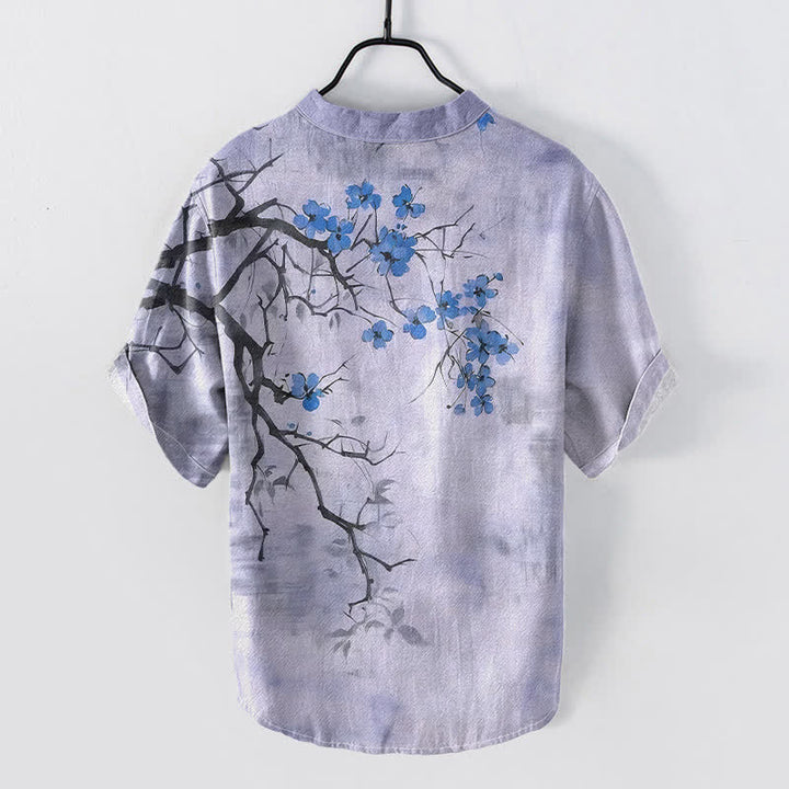 Buddha Stones 綿素材の梅の花の枝柄メンズ半袖ハーフボタンシャツ - image 6