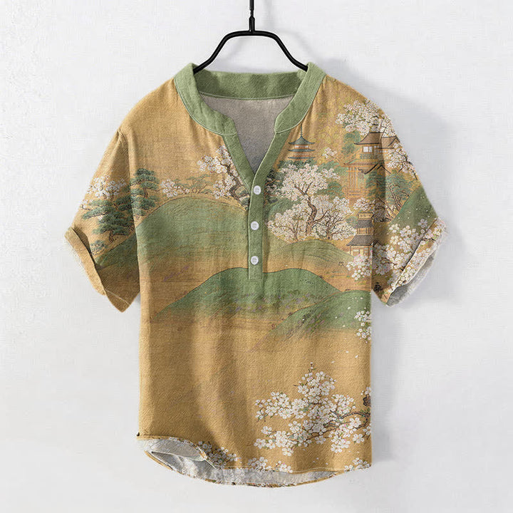 Buddha Stones コットンマウンテンブロッサム柄メンズ半袖ハーフボタンシャツ - タン - US/UK/AU50、EU60（5XL） - image 0