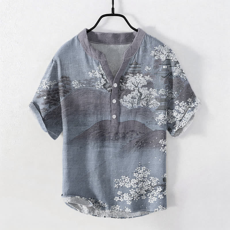 Buddha Stones コットンマウンテンブロッサム柄メンズ半袖ハーフボタンシャツ - ライトスレートグレー - US/UK/AU50、EU60（5XL） - image 3