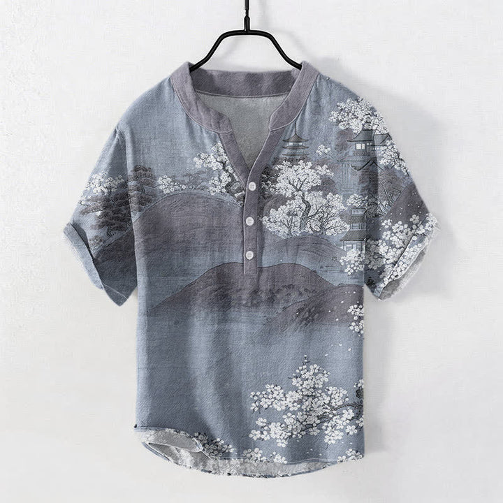 Buddha Stones コットンマウンテンブロッサム柄メンズ半袖ハーフボタンシャツ - ライトスレートグレー - US/UK/AU50、EU60（5XL） - image 3