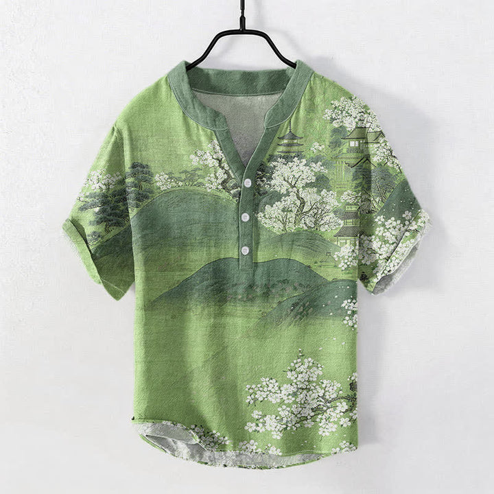 Buddha Stones コットンマウンテンブロッサム柄メンズ半袖ハーフボタンシャツ - ライトグリーン - US/UK/AU50、EU60（5XL） - image 5