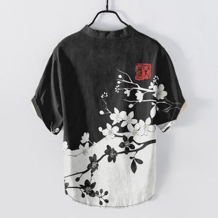 Buddha Stones 綿素材の梅の花の枝柄メンズ半袖ハーフボタンシャツ - image 1