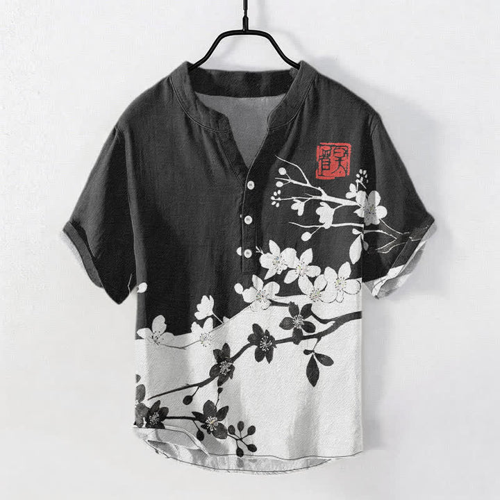 Buddha Stones 綿素材の梅の花の枝柄メンズ半袖ハーフボタンシャツ - 黒 - US/UK/AU50、EU60（5XL） - image 0