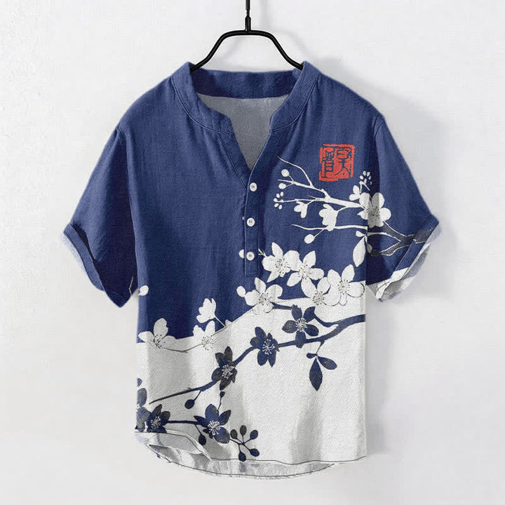 Buddha Stones 綿素材の梅の花の枝柄メンズ半袖ハーフボタンシャツ - 海軍 - US/UK/AU50、EU60（5XL） - image 5