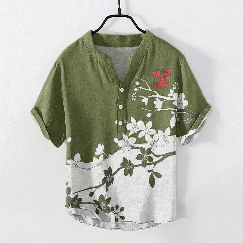 Buddha Stones 綿素材の梅の花の枝柄メンズ半袖ハーフボタンシャツ - オリーブドラブ - US/UK/AU50、EU60（5XL） - image 7