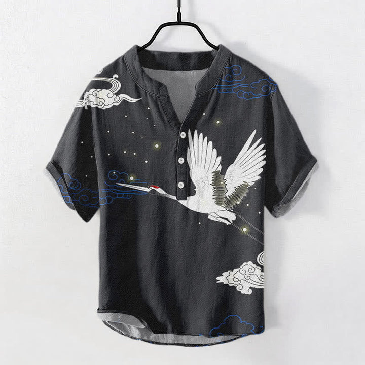 Buddha Stones 綿素材の飛鶴雲柄メンズ半袖ハーフボタンシャツ - 黒 - US/UK/AU50、EU60（5XL） - image 0