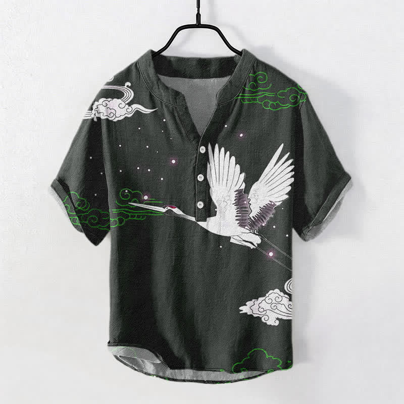 Buddha Stones 綿素材の飛鶴雲柄メンズ半袖ハーフボタンシャツ - ダークスレートグレー - US/UK/AU50、EU60（5XL） - image 5