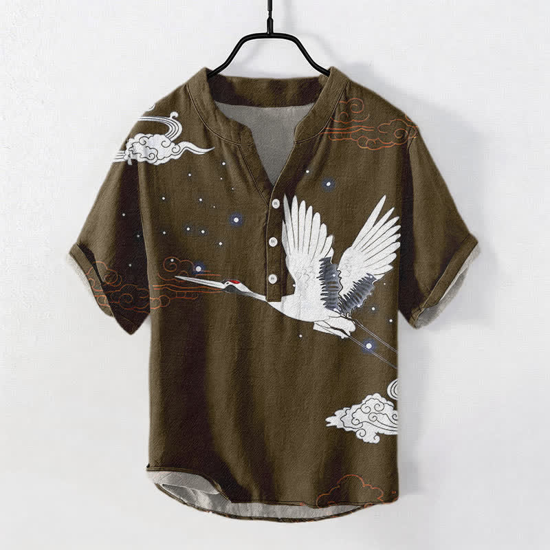 Buddha Stones 綿素材の飛鶴雲柄メンズ半袖ハーフボタンシャツ - シエナ - US/UK/AU50、EU60（5XL） - image 7