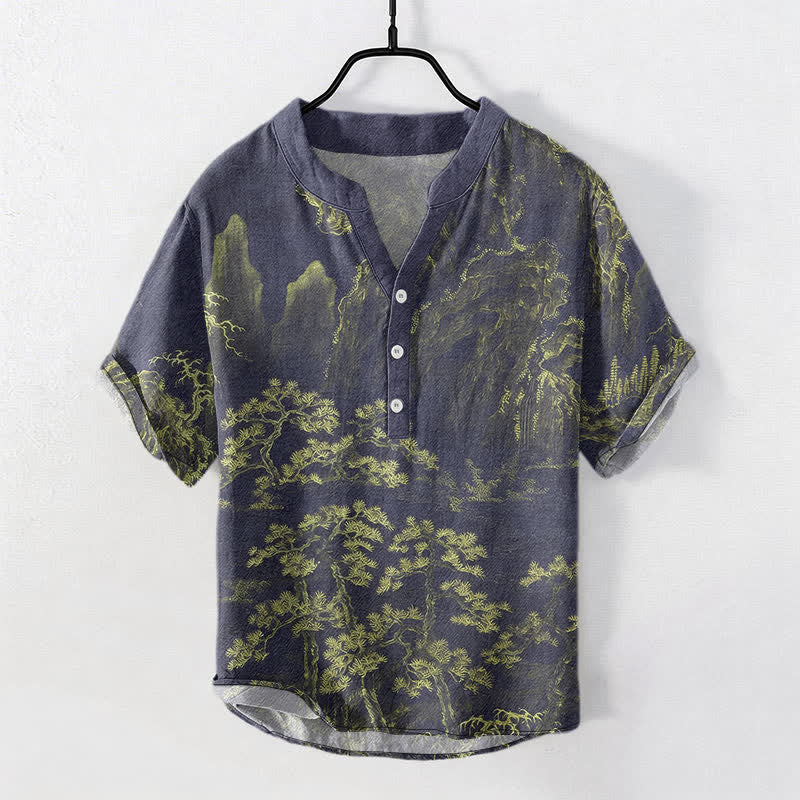 Buddha Stones コットン製ゴールデンマウンテンパイン柄メンズ半袖ハーフボタンシャツ - 黄緑 - US/UK/AU50、EU60（5XL） - image 5