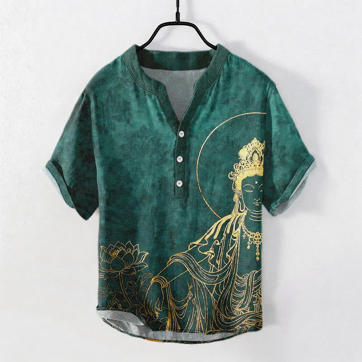 Buddha Stones 綿素材のゴールデンブッダロータス柄メンズ半袖ハーフボタンシャツ - シーグリーン - US/UK/AU50、EU60（5XL） - image 0