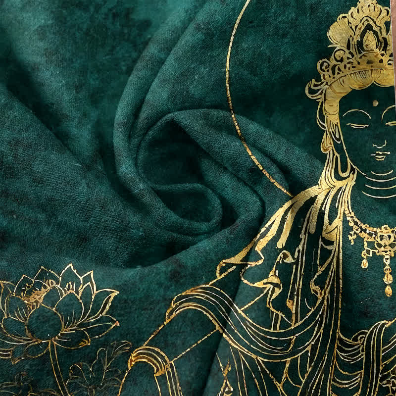 Buddha Stones 綿素材のゴールデンブッダロータス柄メンズ半袖ハーフボタンシャツ - image 4