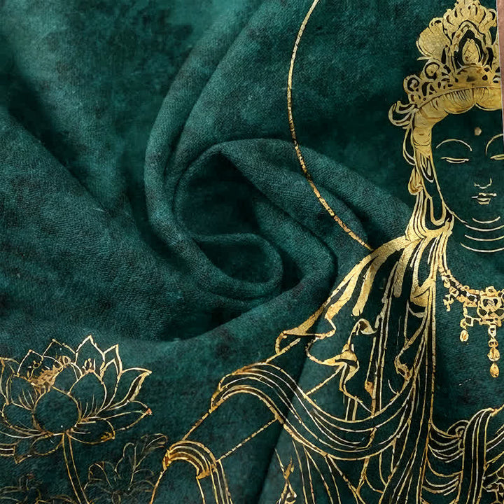 Buddha Stones 綿素材のゴールデンブッダロータス柄メンズ半袖ハーフボタンシャツ - image 4