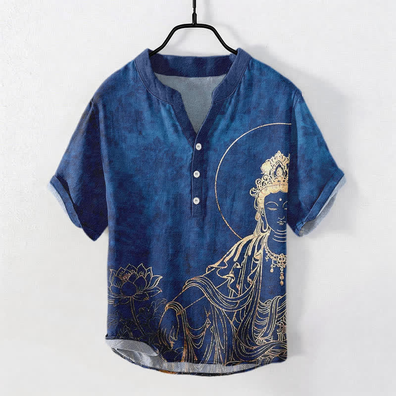 Buddha Stones 綿素材のゴールデンブッダロータス柄メンズ半袖ハーフボタンシャツ - 海軍 - US/UK/AU50、EU60（5XL） - image 5