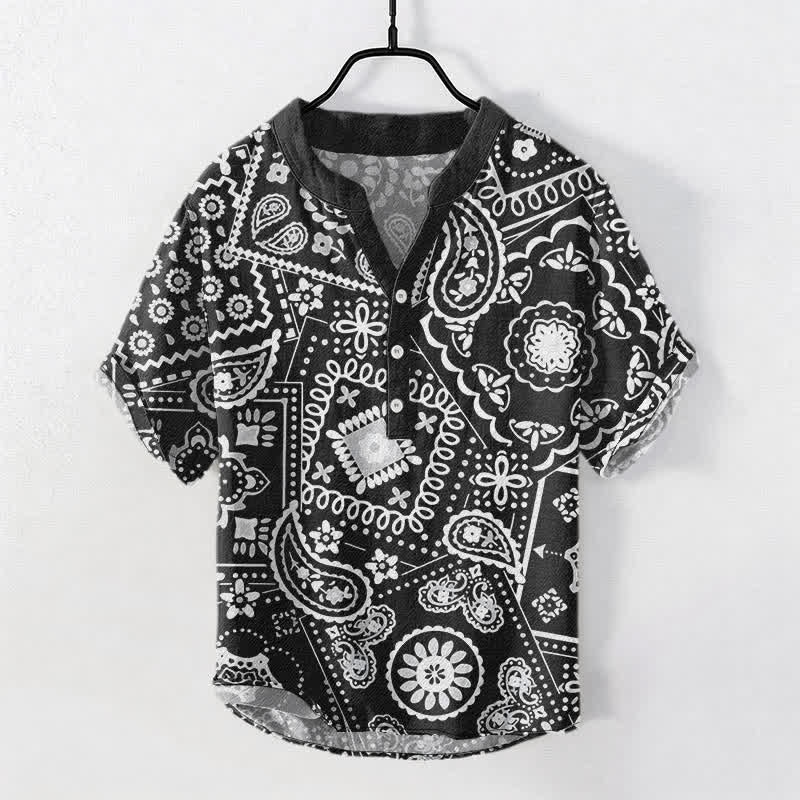 Buddha Stones コットン製クラシックホワイトペイズリー柄メンズ半袖ハーフボタンシャツ - 黒 - US/UK/AU50、EU60（5XL） - image 0