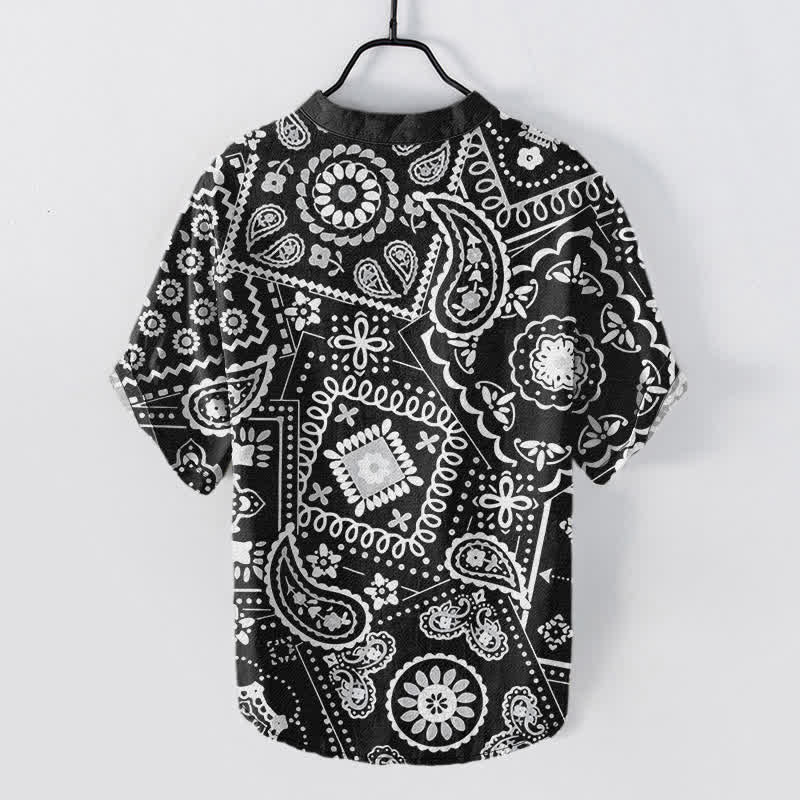 Buddha Stones コットン製クラシックホワイトペイズリー柄メンズ半袖ハーフボタンシャツ - image 1