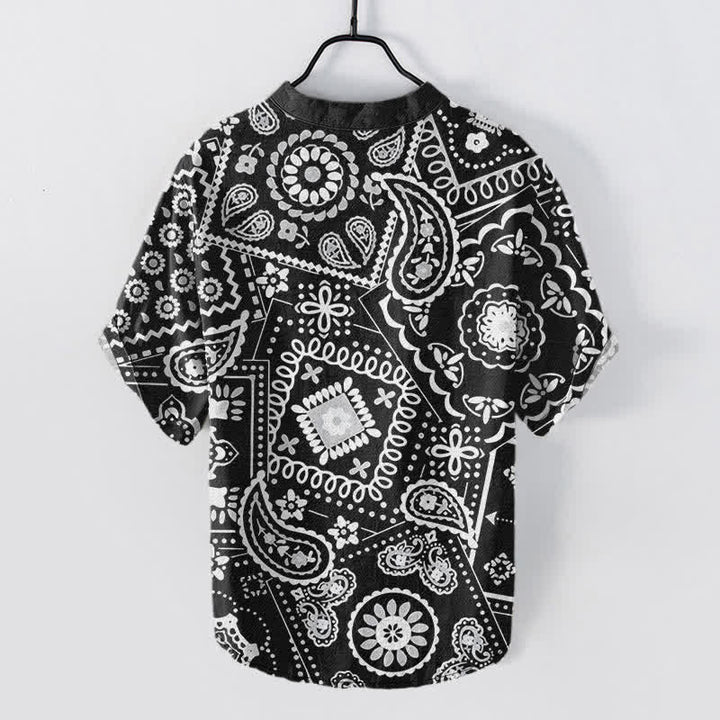 Buddha Stones コットン製クラシックホワイトペイズリー柄メンズ半袖ハーフボタンシャツ - image 1