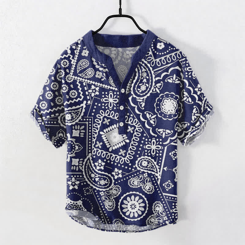 Buddha Stones コットン製クラシックホワイトペイズリー柄メンズ半袖ハーフボタンシャツ - 海軍 - US/UK/AU50、EU60（5XL） - image 5