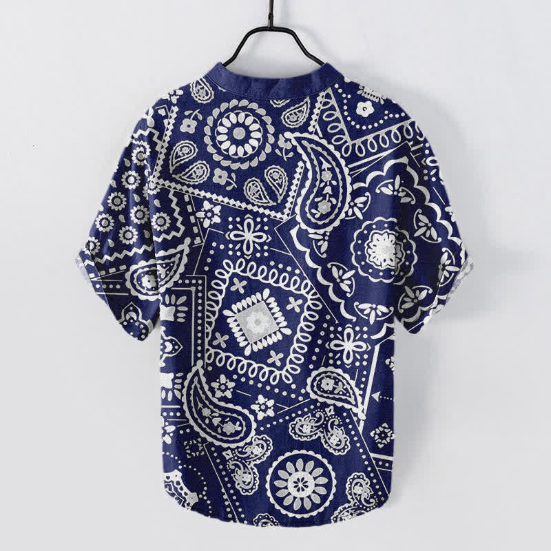 Buddha Stones コットン製クラシックホワイトペイズリー柄メンズ半袖ハーフボタンシャツ - image 6