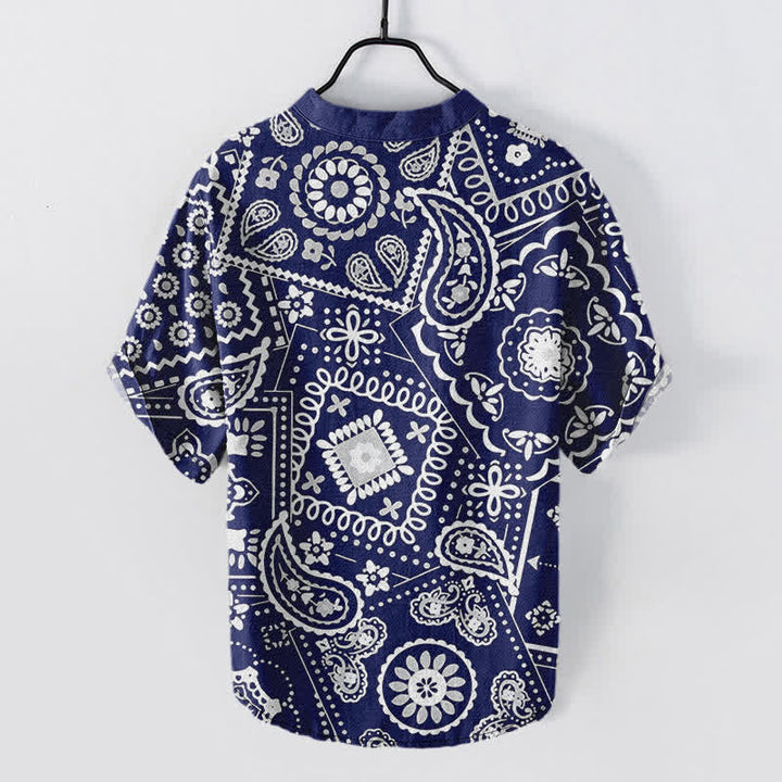 Buddha Stones コットン製クラシックホワイトペイズリー柄メンズ半袖ハーフボタンシャツ - image 6