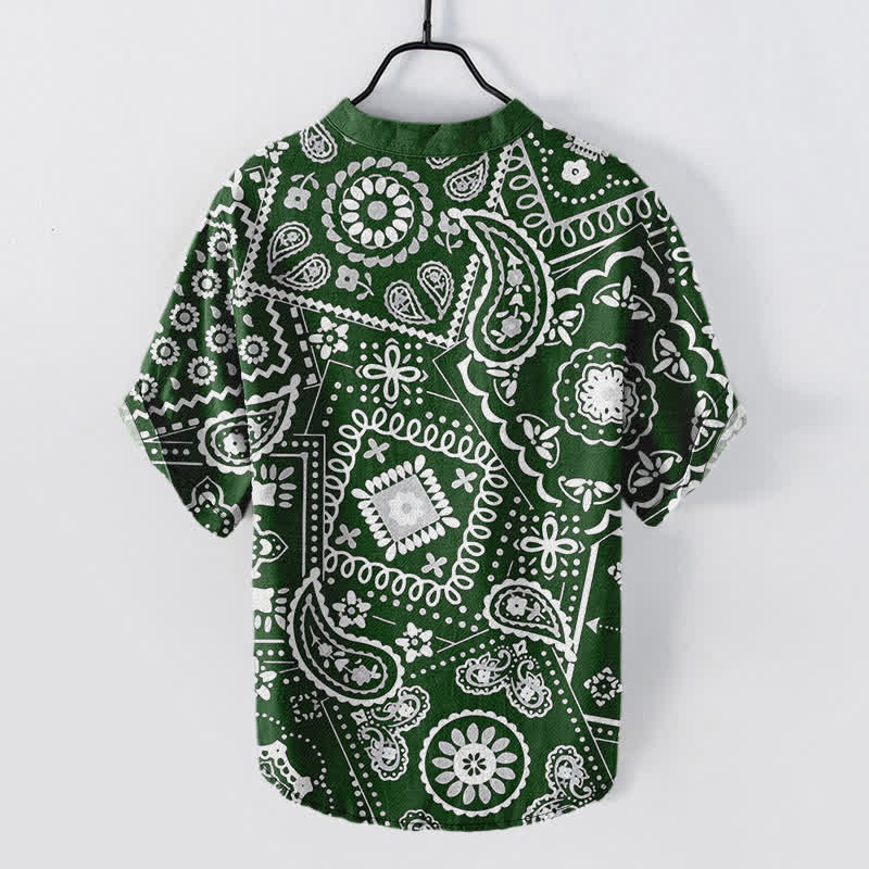 Buddha Stones コットン製クラシックホワイトペイズリー柄メンズ半袖ハーフボタンシャツ - image 8