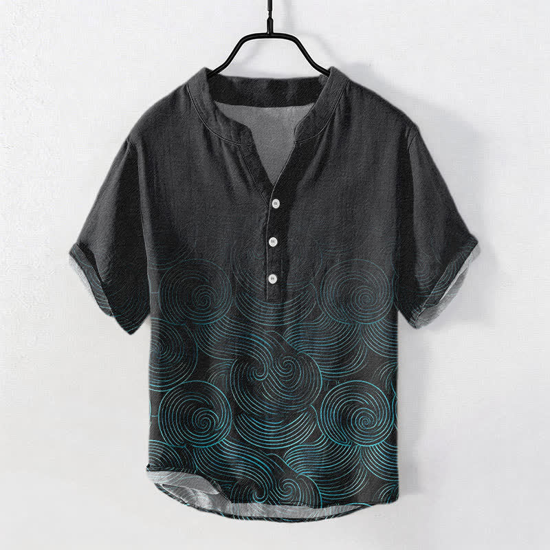 Buddha Stones コットン同心円波模様メンズ半袖ハーフボタンシャツ - 黒 - US/UK/AU50、EU60（5XL） - image 0
