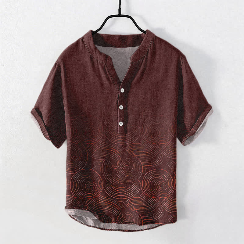 Buddha Stones コットン同心円波模様メンズ半袖ハーフボタンシャツ - マルーン - US/UK/AU50、EU60（5XL） - image 5