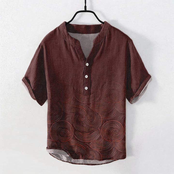 Buddha Stones コットン同心円波模様メンズ半袖ハーフボタンシャツ - マルーン - US/UK/AU50、EU60（5XL） - image 5