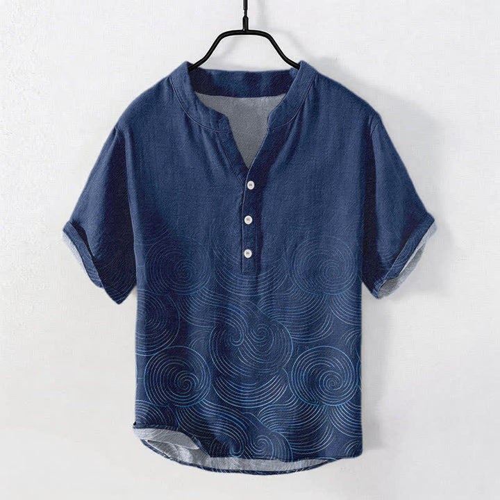 Buddha Stones コットン同心円波模様メンズ半袖ハーフボタンシャツ - 海軍 - US/UK/AU50、EU60（5XL） - image 7
