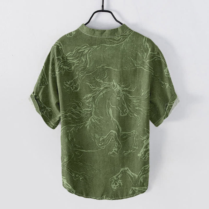 Buddha Stones コットン製、ランニングホース柄、メンズ半袖ハーフボタンシャツ - image 1