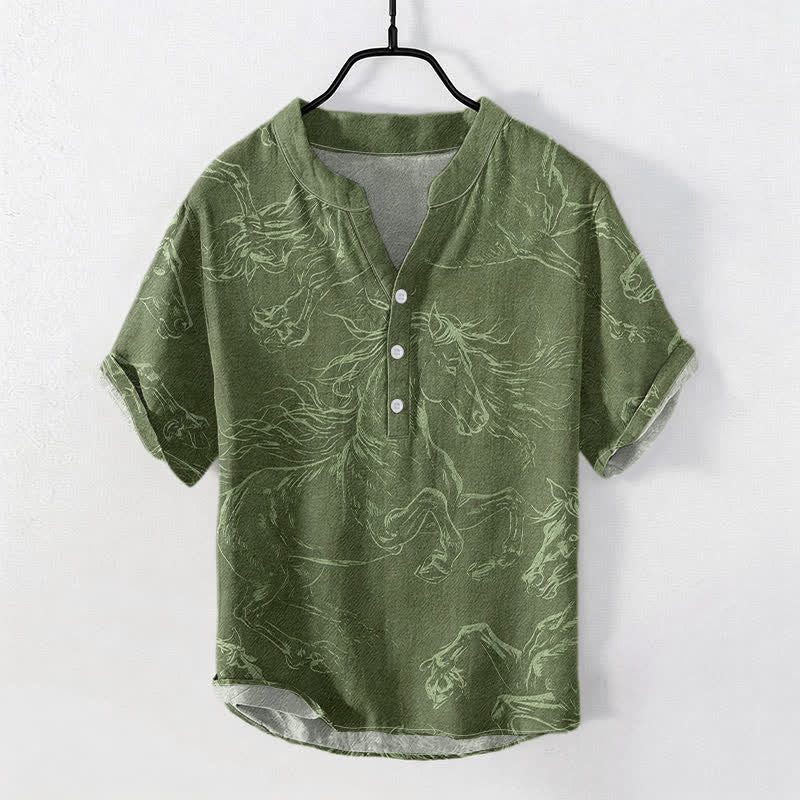 Buddha Stones コットン製、ランニングホース柄、メンズ半袖ハーフボタンシャツ - オリーブドラブ - US/UK/AU50、EU60（5XL） - image 0
