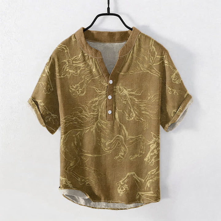 Buddha Stones コットン製、ランニングホース柄、メンズ半袖ハーフボタンシャツ - ペルー - US/UK/AU50、EU60（5XL） - image 3