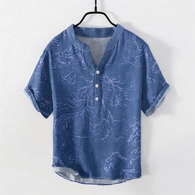 Buddha Stones コットン製、ランニングホース柄、メンズ半袖ハーフボタンシャツ - スチールブルー - US/UK/AU50、EU60（5XL） - image 5