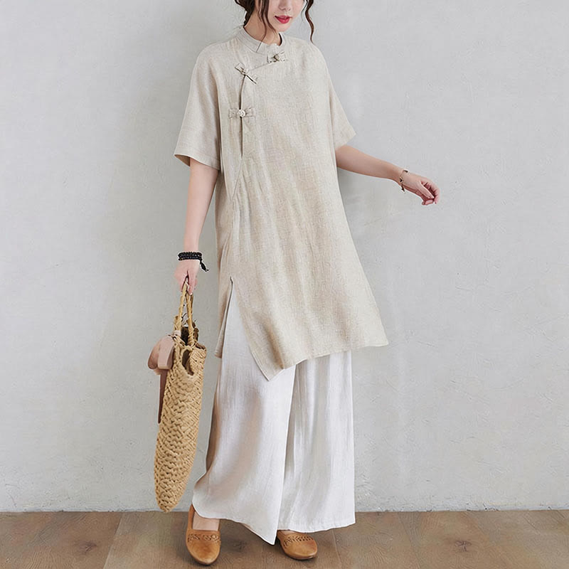 Buddha Stones2点セット 無地デザイン 禅 太極拳 瞑想服 コットンリネン トップス パンツ レディース セット - image 6