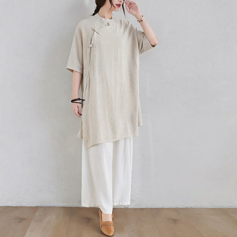 Buddha Stones2点セット 無地デザイン 禅 太極拳 瞑想服 コットンリネン トップス パンツ レディース セット - image 3