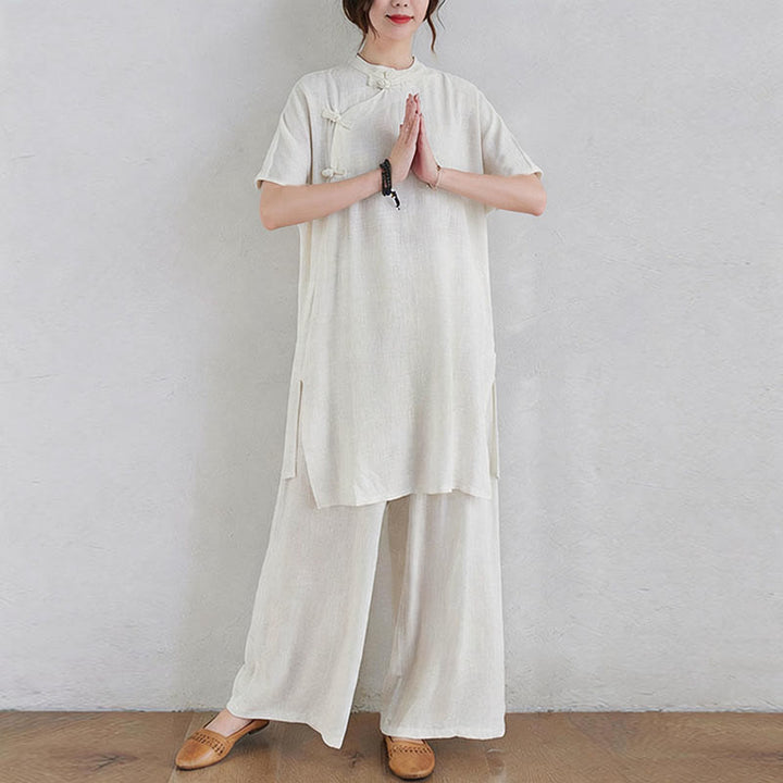 Buddha Stones2点セット 無地デザイン 禅 太極拳 瞑想服 コットンリネン トップス パンツ レディース セット - image 15