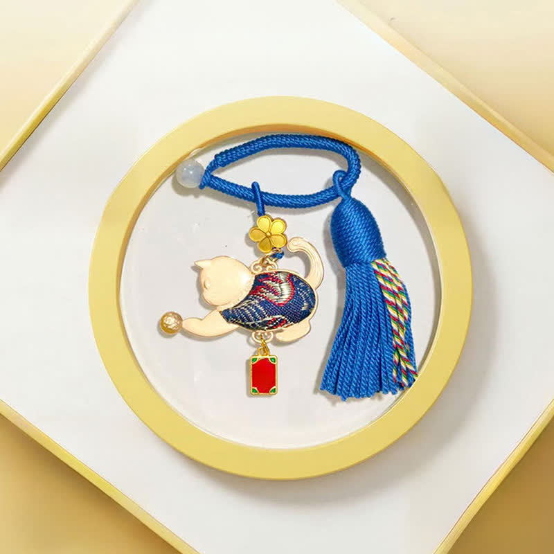 Buddha Stones ソンブロケード 招き猫 タッセル ギフトボックス キーホルダー - 青 - 宋錦（豊かさ♥調和） - image 6