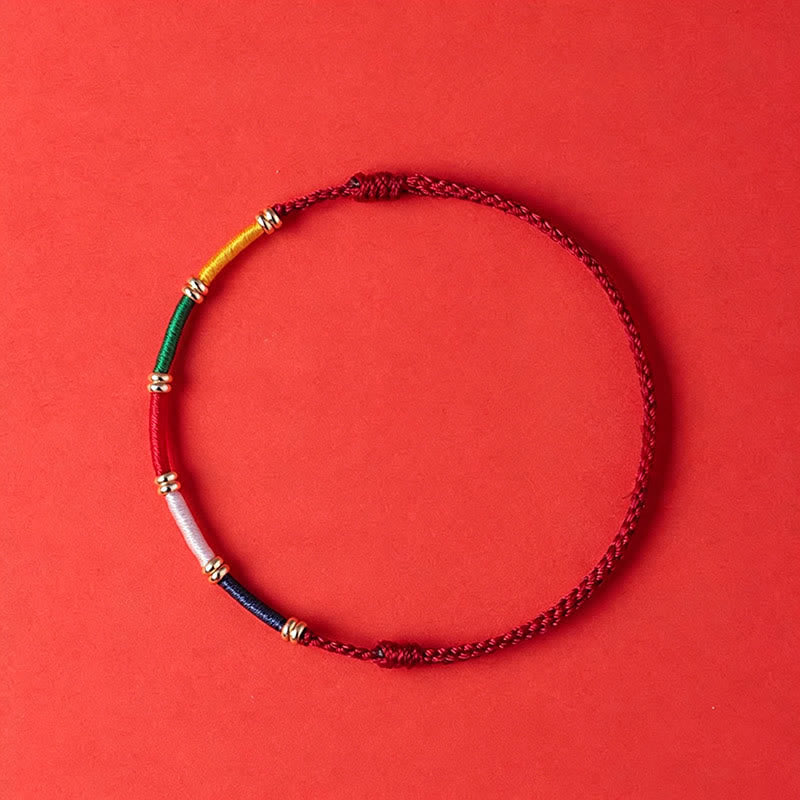 Buddha Stones 手作りの五色風馬祈祷旗守護ブレスレット - 赤 - 赤紐（守護♥幸運） - image 0