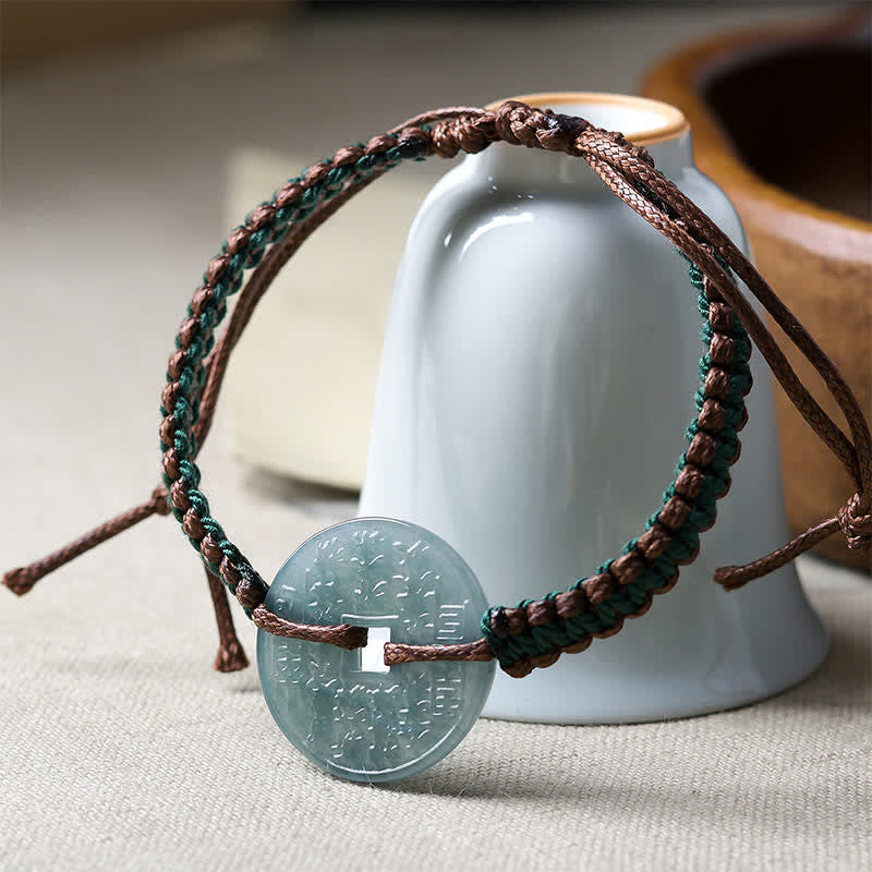 Buddha Stones 翡翠の平和のお守りチャーム付き手織りトランキリティ調節可能ブレスレット - image 2