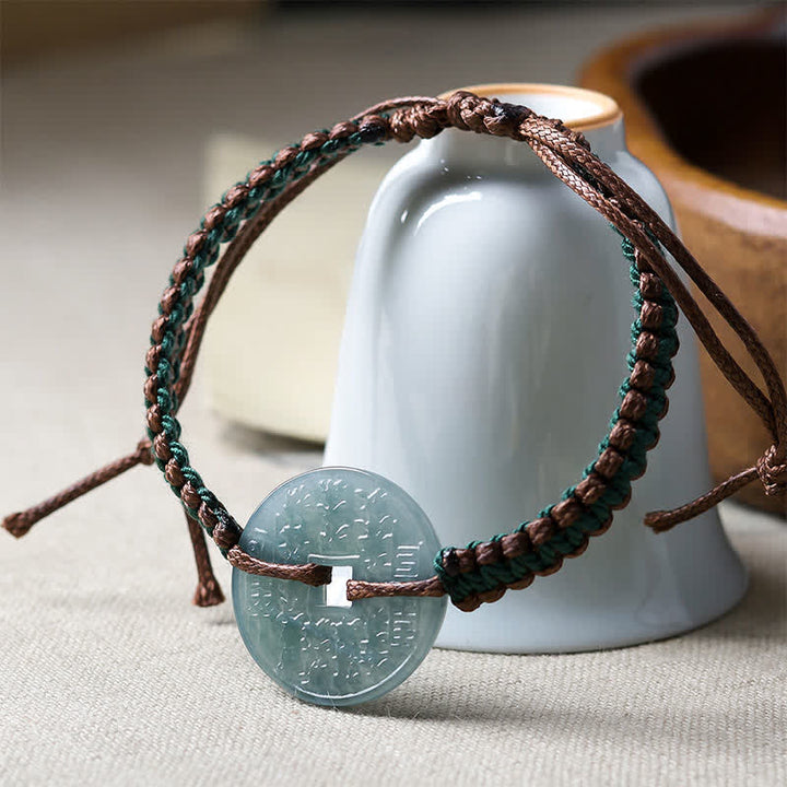 Buddha Stones 翡翠の平和のお守りチャーム付き手織りトランキリティ調節可能ブレスレット - image 2
