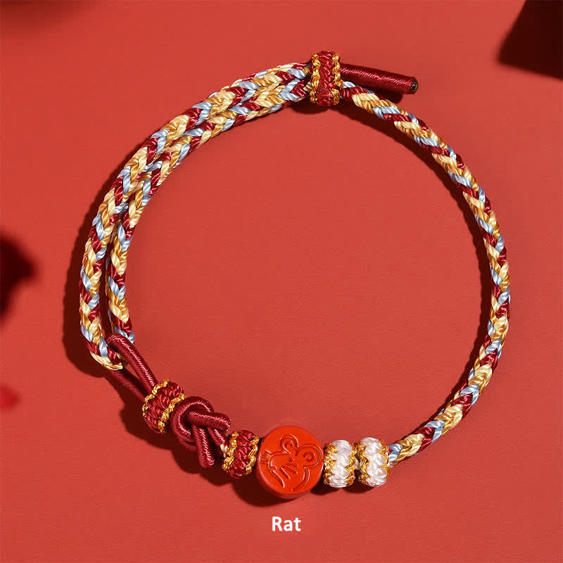Buddha Stones 辰砂の干支集中力 手織り赤紐ブレスレット - ねずみ（幸運♥性格） - 辰砂（良縁祈願♥穏やかさ） - image 1