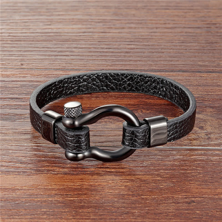 Buddha Stones レザーとチタン鋼のシャックルが付いた高強さブレスレット - 黒革、黒バックル（手首周り：18～19cm） - image 0