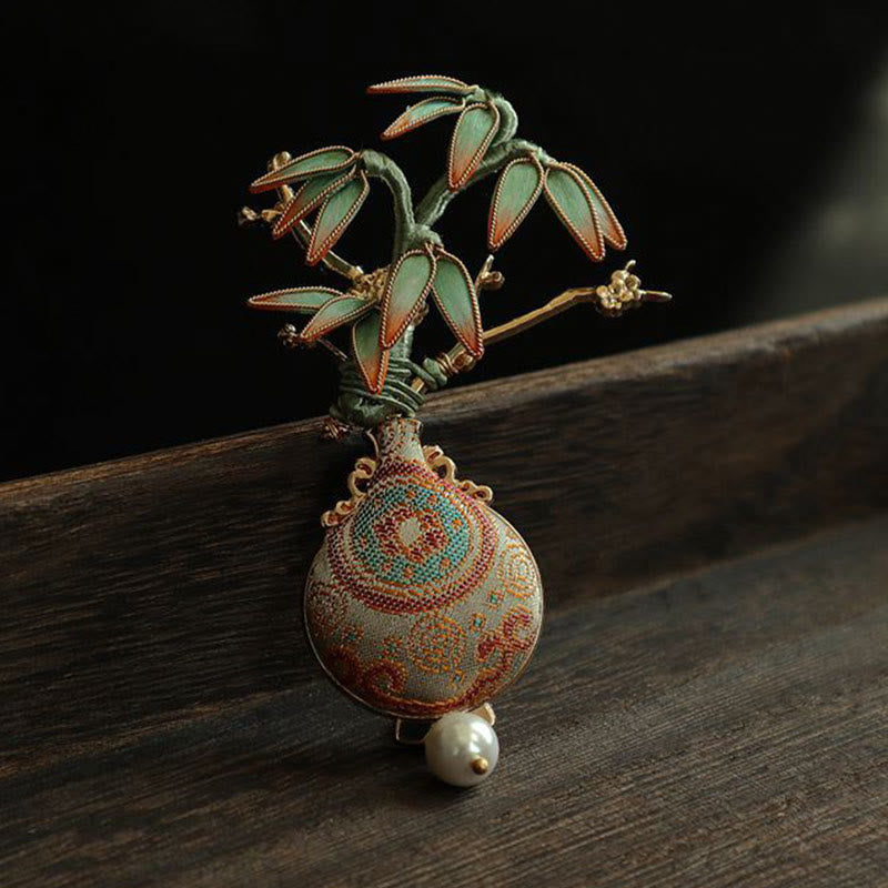 Buddha Stones 宋錦竹葉花瓶デザインバランスブローチ - image 3