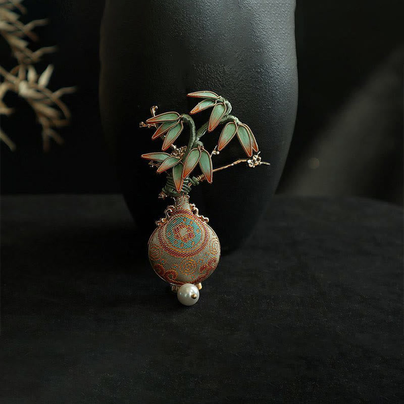 Buddha Stones 宋錦竹葉花瓶デザインバランスブローチ - image 7