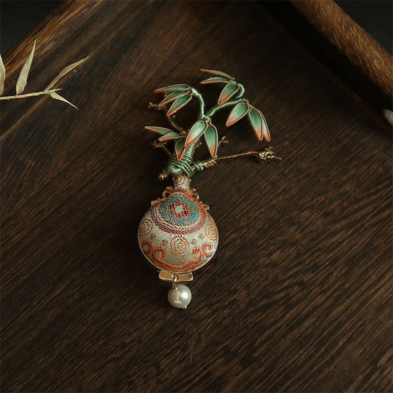 Buddha Stones 宋錦竹葉花瓶デザインバランスブローチ - image 8