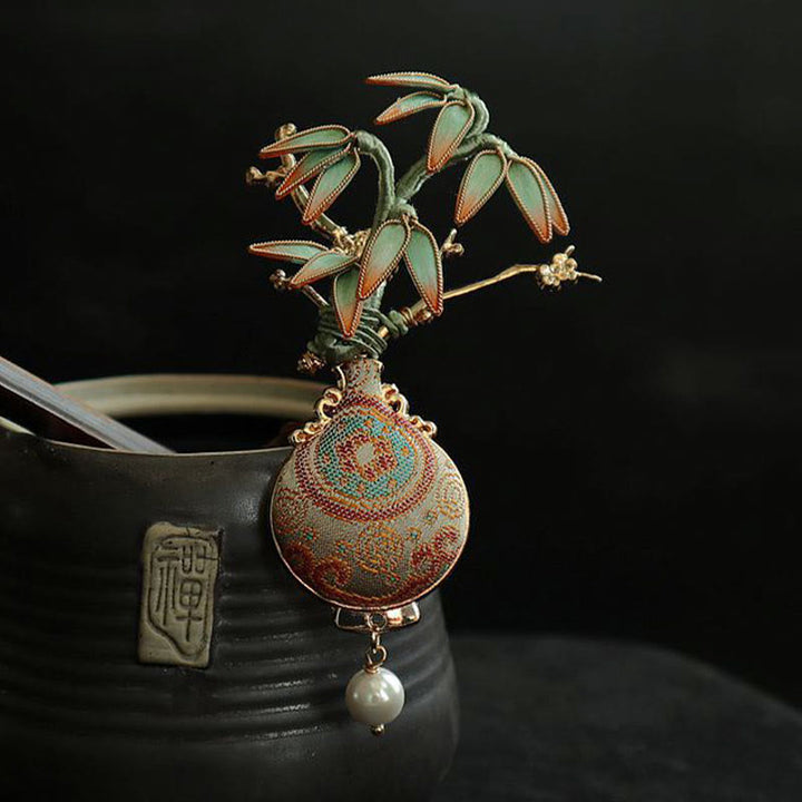 Buddha Stones 宋錦竹葉花瓶デザインバランスブローチ - image 6