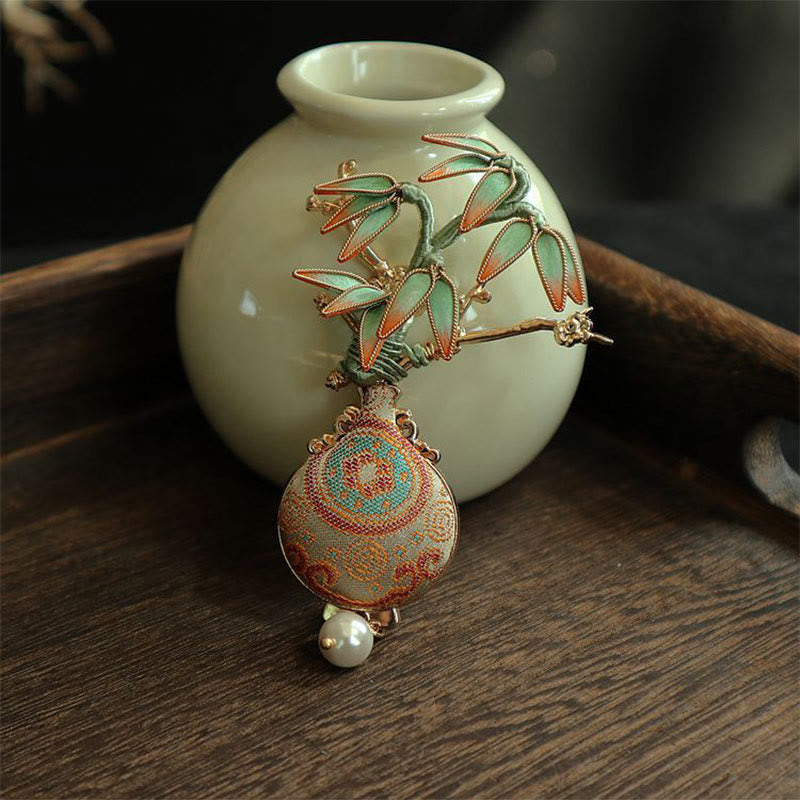 Buddha Stones 宋錦竹葉花瓶デザインバランスブローチ - image 5