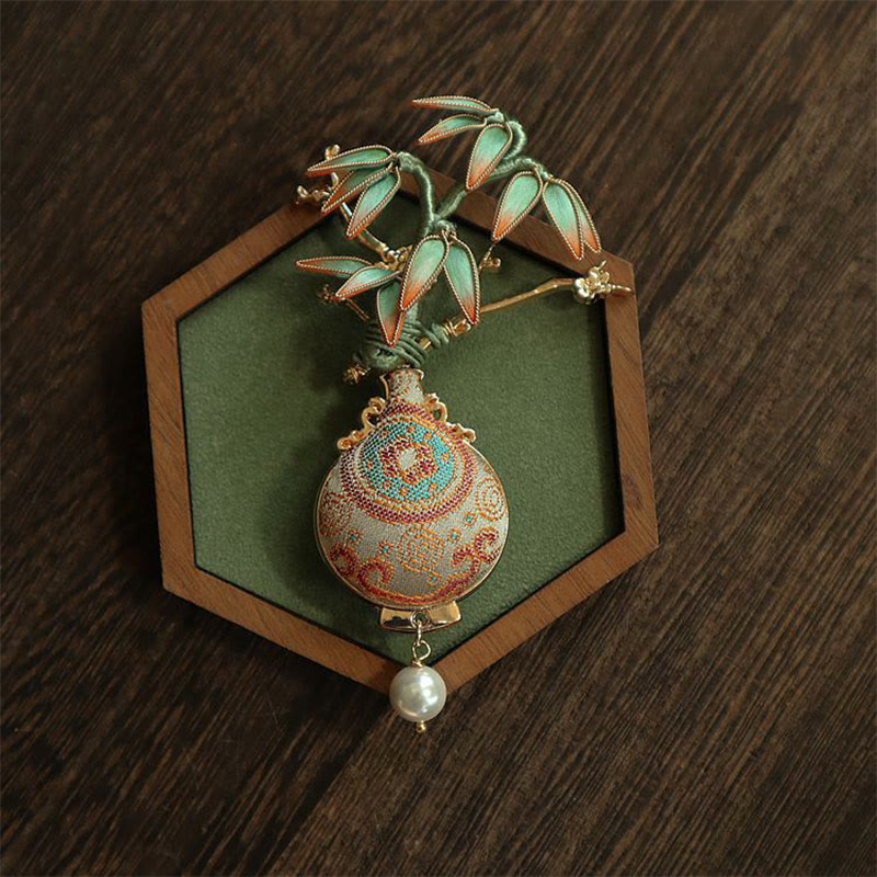Buddha Stones 宋錦竹葉花瓶デザインバランスブローチ - image 0