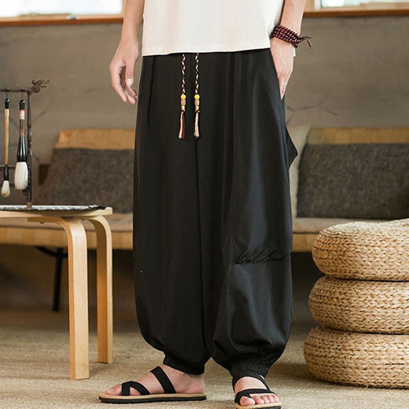 Buddha Stones 夏物カジュアルヴィンテージドローストリング無地アンクル丈パンツメンズハーレムパンツポケット付き - image 7