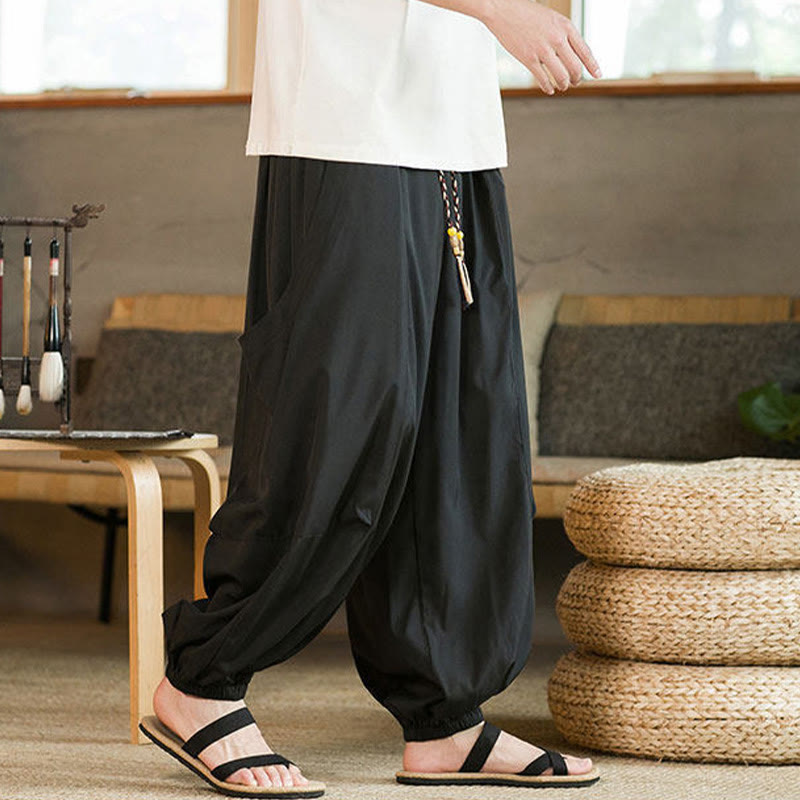 Buddha Stones 夏物カジュアルヴィンテージドローストリング無地アンクル丈パンツメンズハーレムパンツポケット付き - image 4