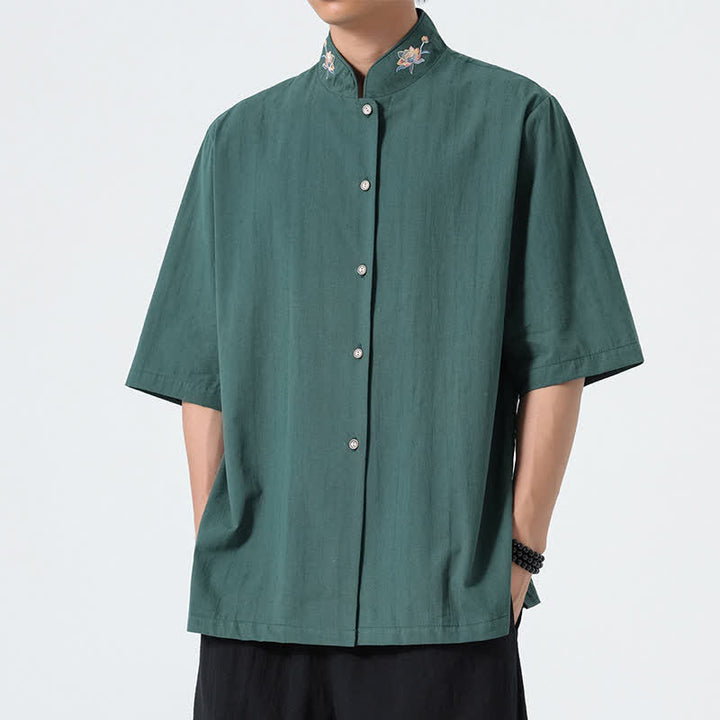 Buddha Stones 夏物 唐風 マンダリンカラー 蓮の刺繍入り 無地 メンズシャツ - シーグリーン - US/UK/AU46、 EU56 (5XL) - image 0